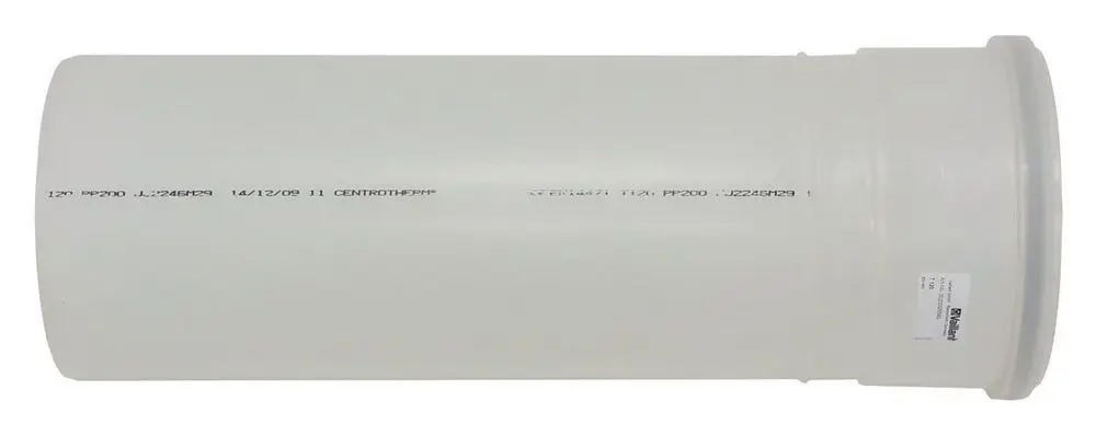 Weißer zylindrischer Kunststoffrohr, eventuell von Vaillant, mit einem geschlossenen Ende und glatter Oberfläche. Unmarkierte Längen- und Produktkennzeichnungen auf der Oberfläche.